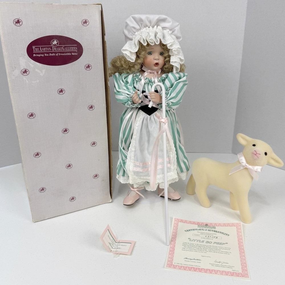 Vintage Ashton Drake Little Bo Peep Porcelain Doll with Lamb COA Stand